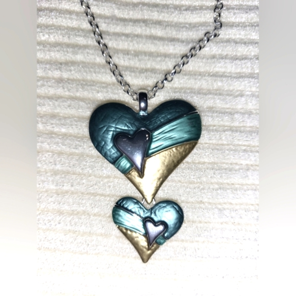 Gold and Teal Heart Pendant Necklace & Earrings Set Beach theme Fashion Jewelry